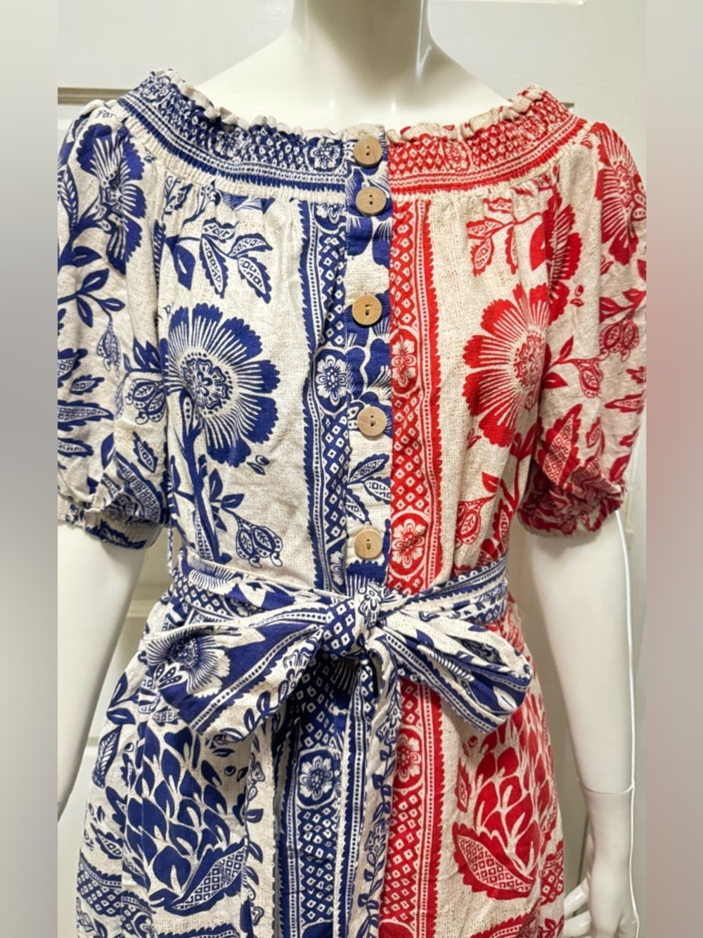 Farm Rio Mixed Pineapple Garden Mini Dress Sz S Red Blue Linen Blend Tie Waist - Picture 5 of 12